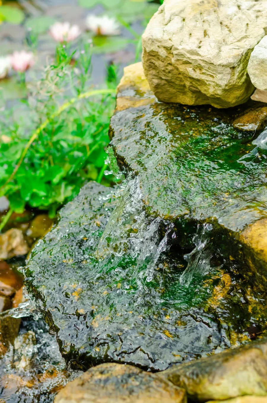 Small stone waterfall trickling into a garden pond with mossy rocks and aquatic plants.
