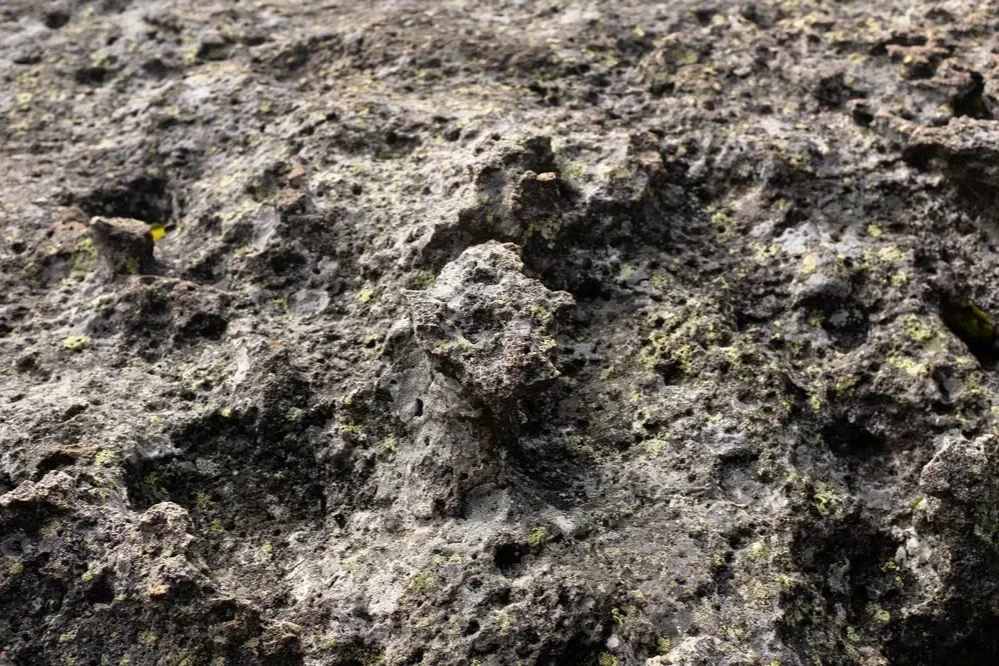 Close-up of coarse, rocky volcanic soil texture, showing a rough ground surface for landscaping analysis.