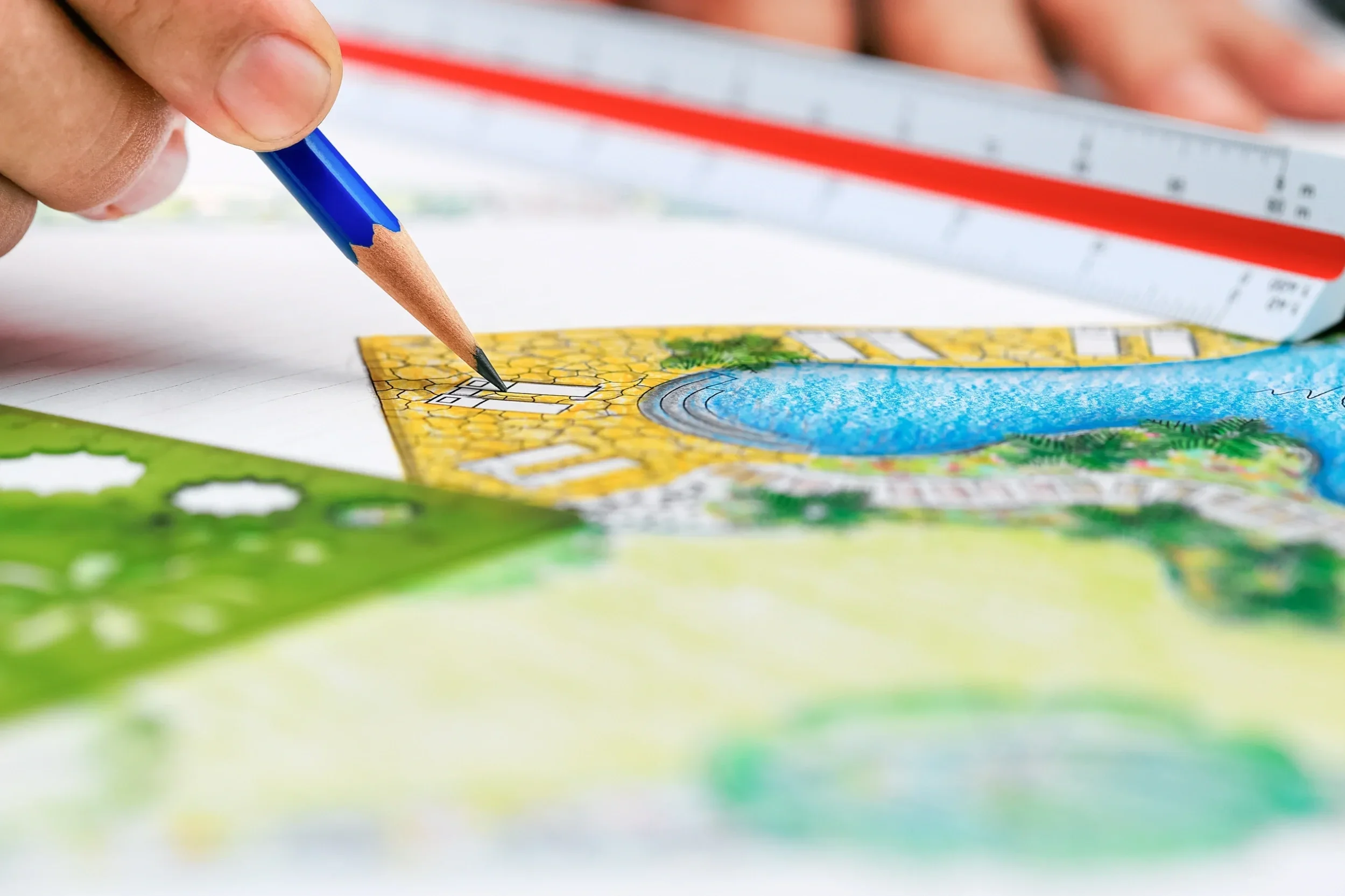 Close-up of a designer's hand using a pencil and scale ruler to work on a colorful, hand-drawn landscape master plan.