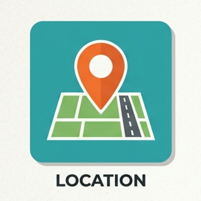 A colorful map icon with an orange location pin on a teal background, labeled "LOCATION."