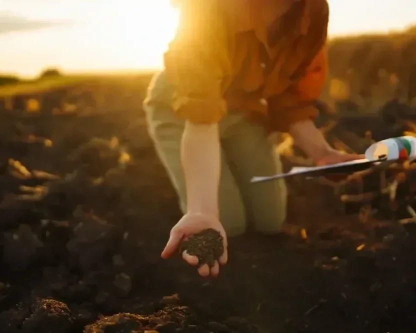 A person kneeling in a field at sunset, holding a handful of dark soil while conducting a soil health test.