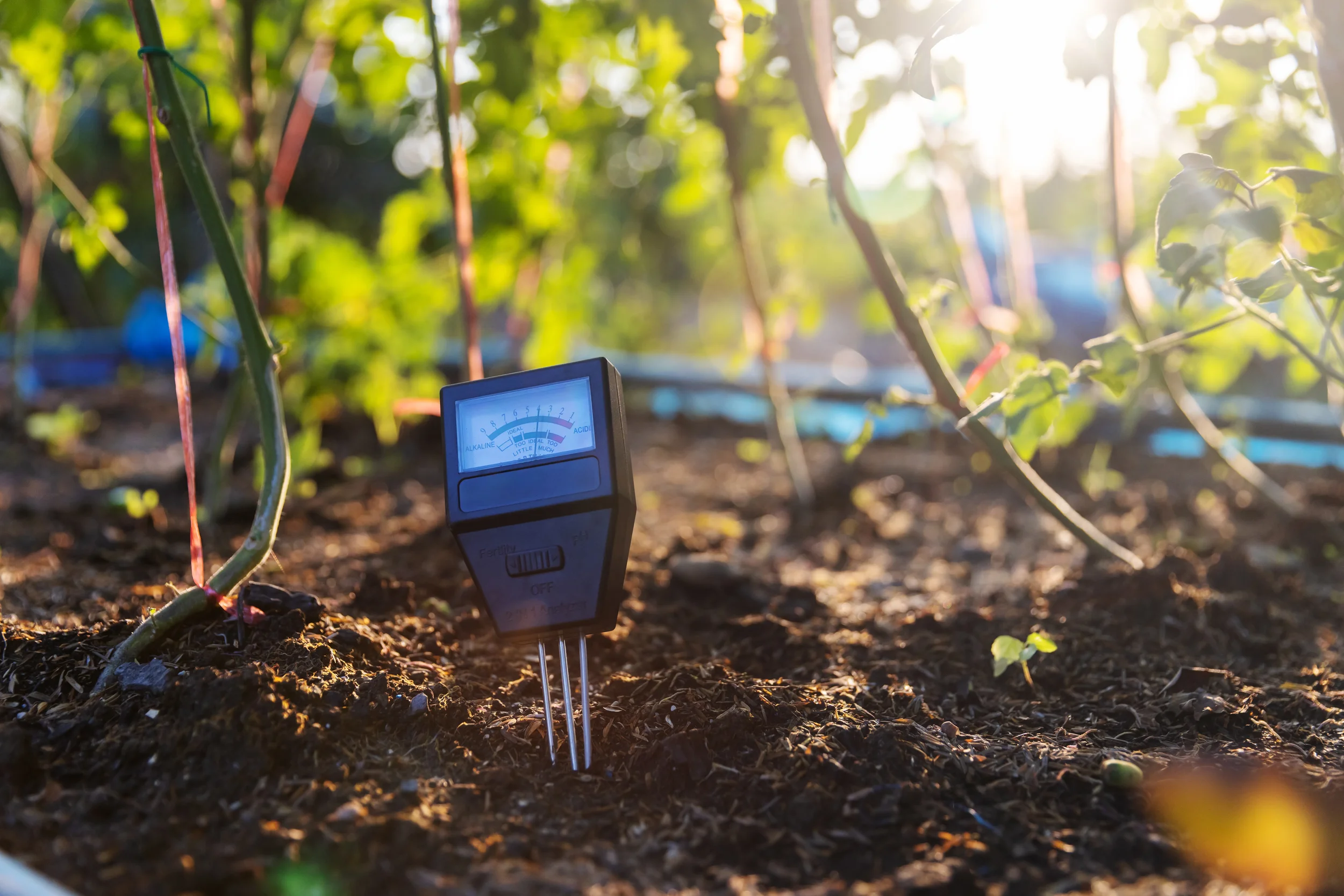 An analog soil moisture meter probe inserted into garden soil to monitor hydration levels for plants.