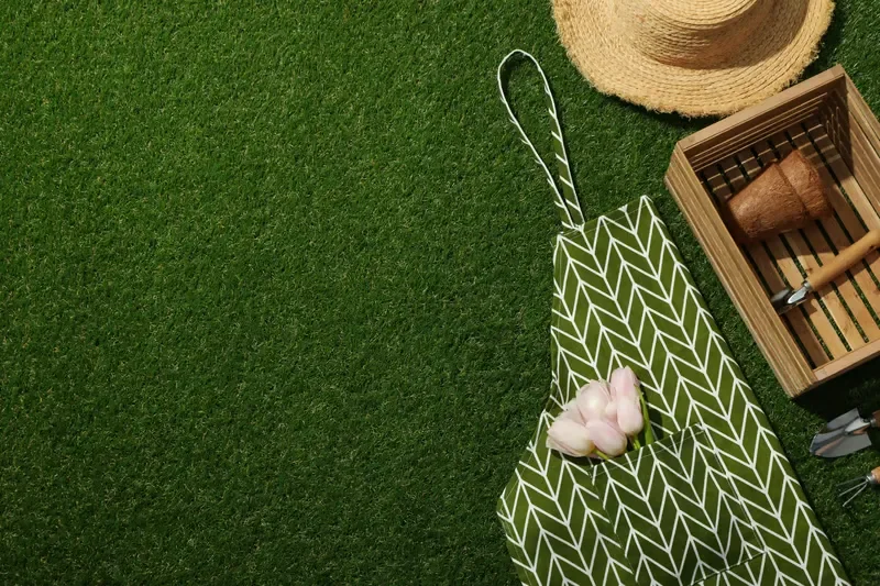 Green patterned gardening apron with pink tulips next to a straw hat and tools on artificial turf grass.