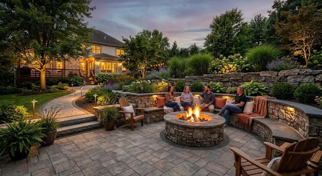 People sitting on built-in stone bench seating around a burning fire pit on an illuminated paver patio at night.
