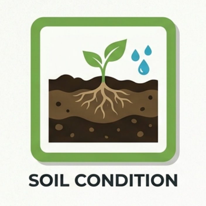 Illustration of a plant seedling with roots in layered soil and water droplets, labeled "SOIL CONDITION."