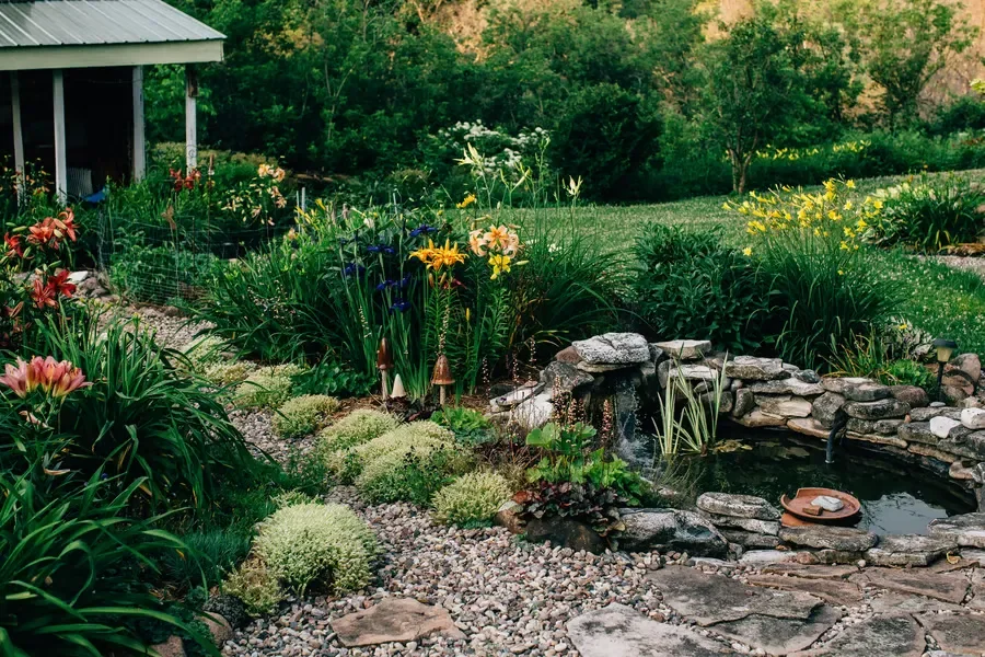 Lush garden with a small stone pond, gravel pathway, and colorful blooming flowers near a shed.