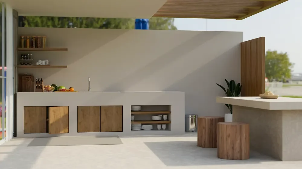 Modern outdoor kitchen featuring concrete countertops, wooden cabinets, floating shelves, and wooden bar stools.