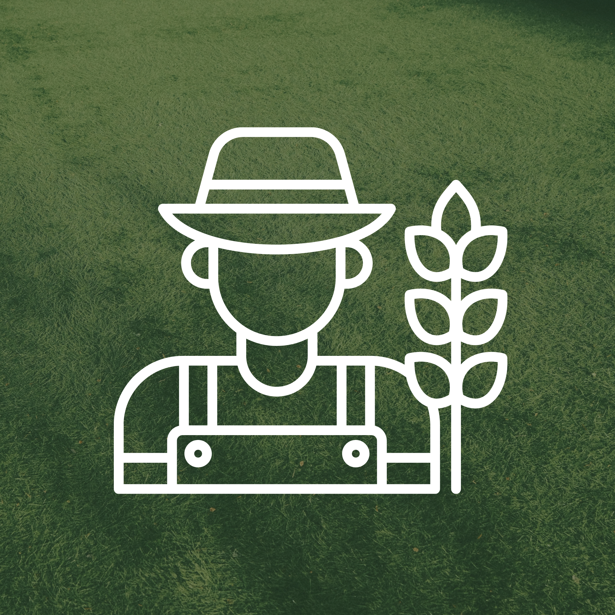 Small green square icon with a white outline of a gardener wearing a hat and holding a plant.