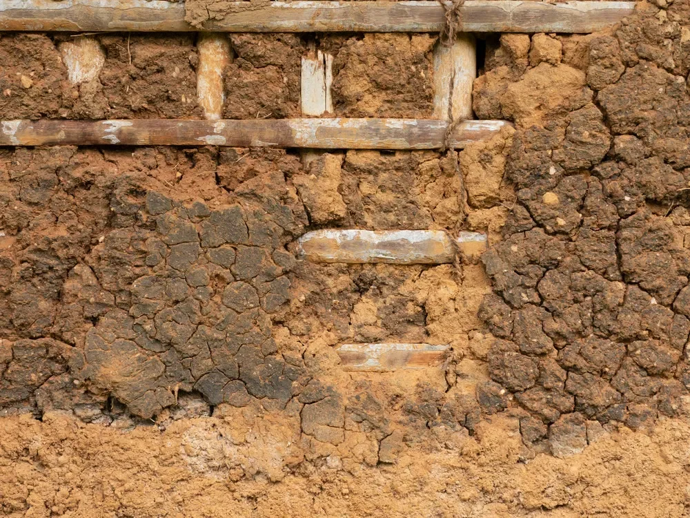 Close-up of dry, cracked clay soil layered with bamboo supports, showing a severely dehydrated ground texture.