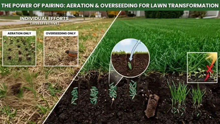 Split diagram showing single lawn services versus combined aeration and overseeding for lush grass growth.