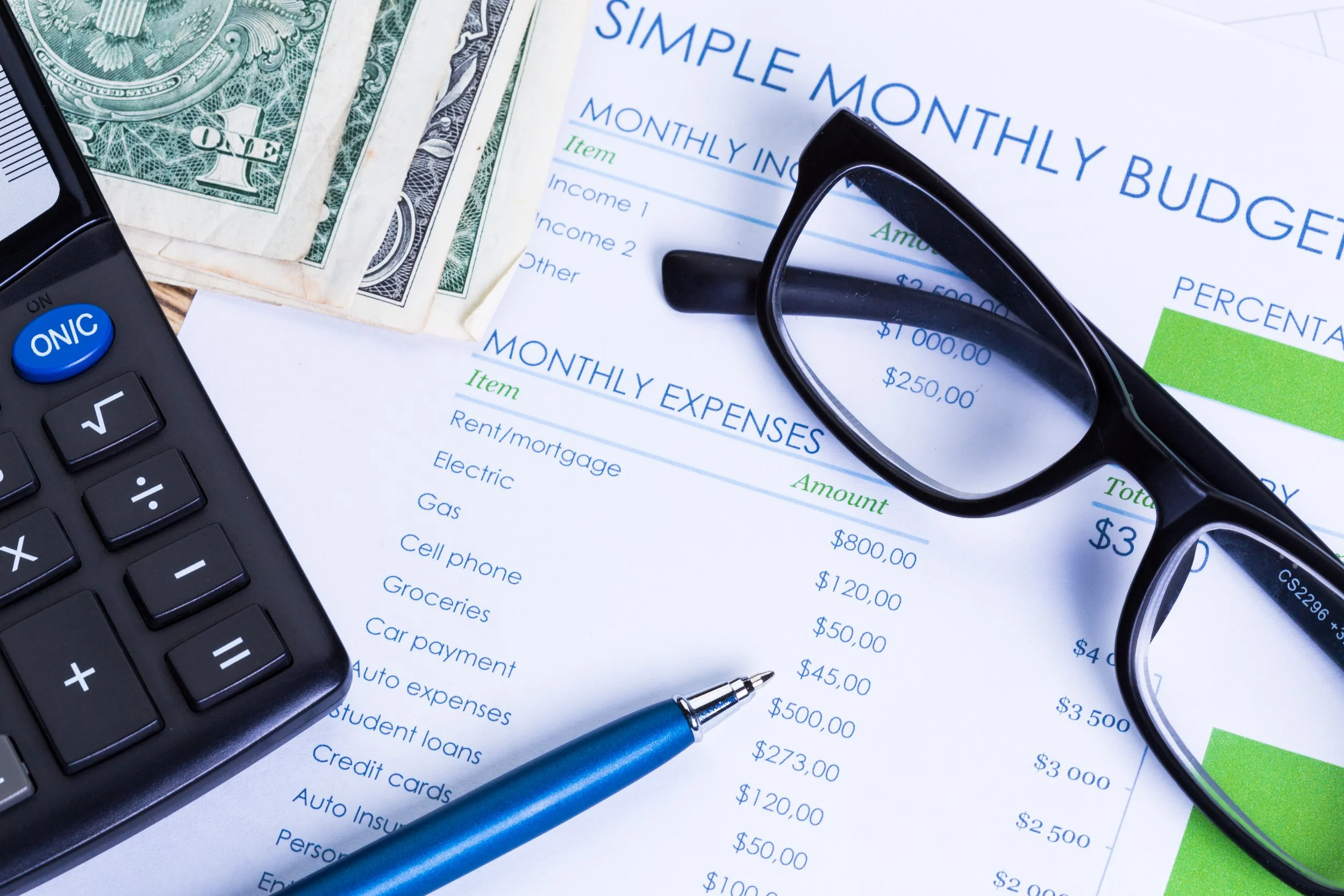 A monthly budget planner with a calculator, eyeglasses, pen, and cash for financial expense tracking.