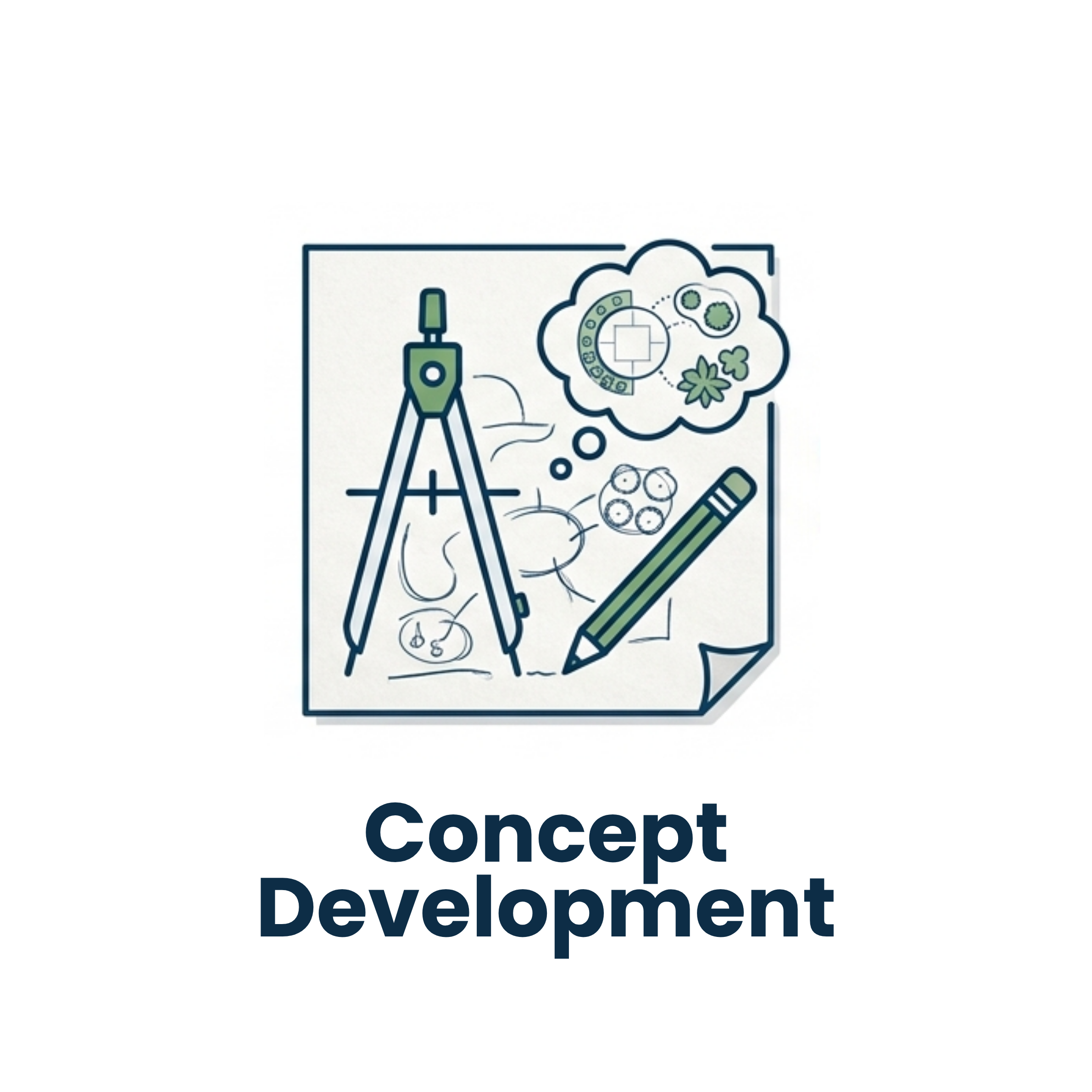 Illustration of a drafting compass, pencil, and a thought bubble with plant symbols, labeled "Concept Development."