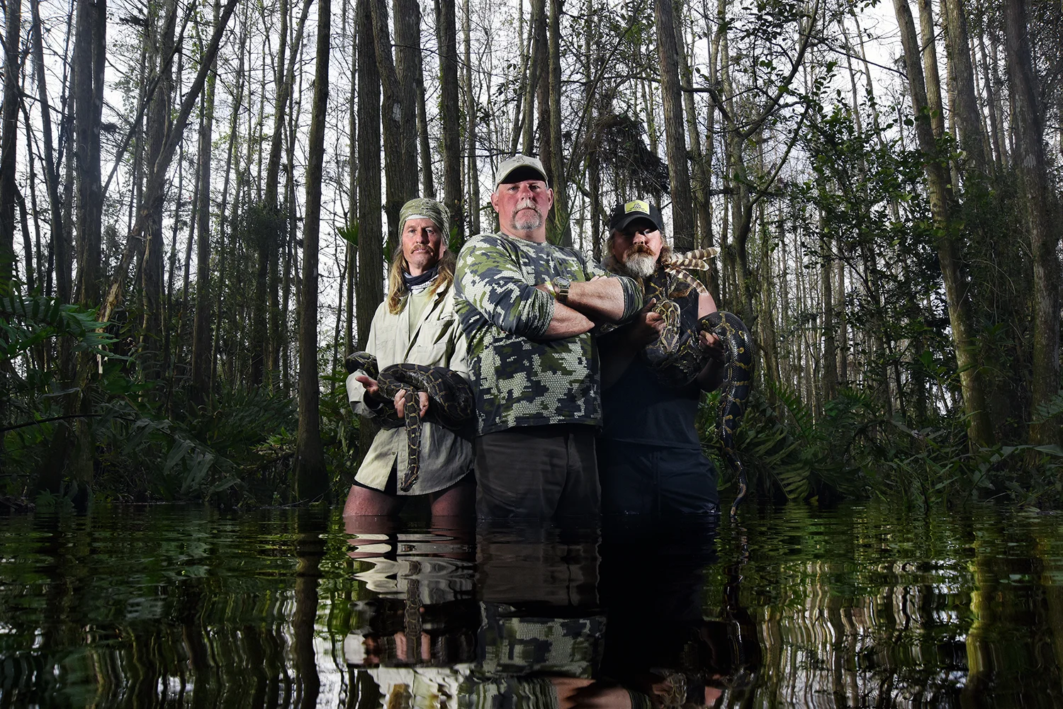  Bill Booth, center, Duane Clark, left, and Dusty Crumb, right, pose for a portrait after catching a pair of pythons deep in the Everglades Wildlife Management Area on February 10, 2016. The Cypress Boys, as they are known, have caught thirty-two pyt