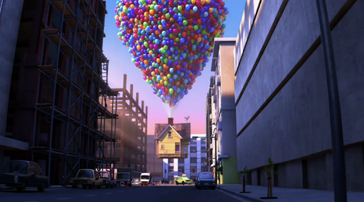 Carl Fredricksen's home suspended by balloons and surrounded by a developing urban environment. ( LINK )