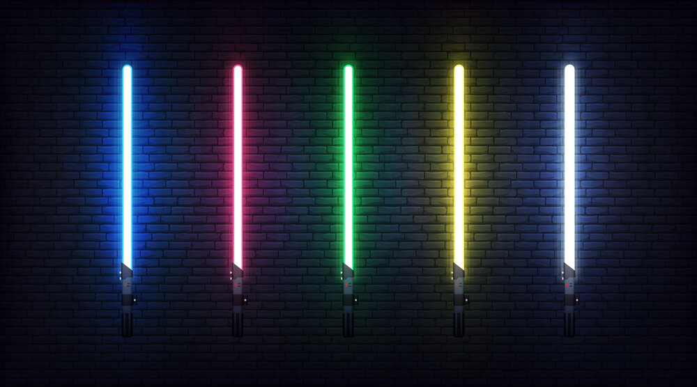Light saber set. Futuristic realistic laser weapon
