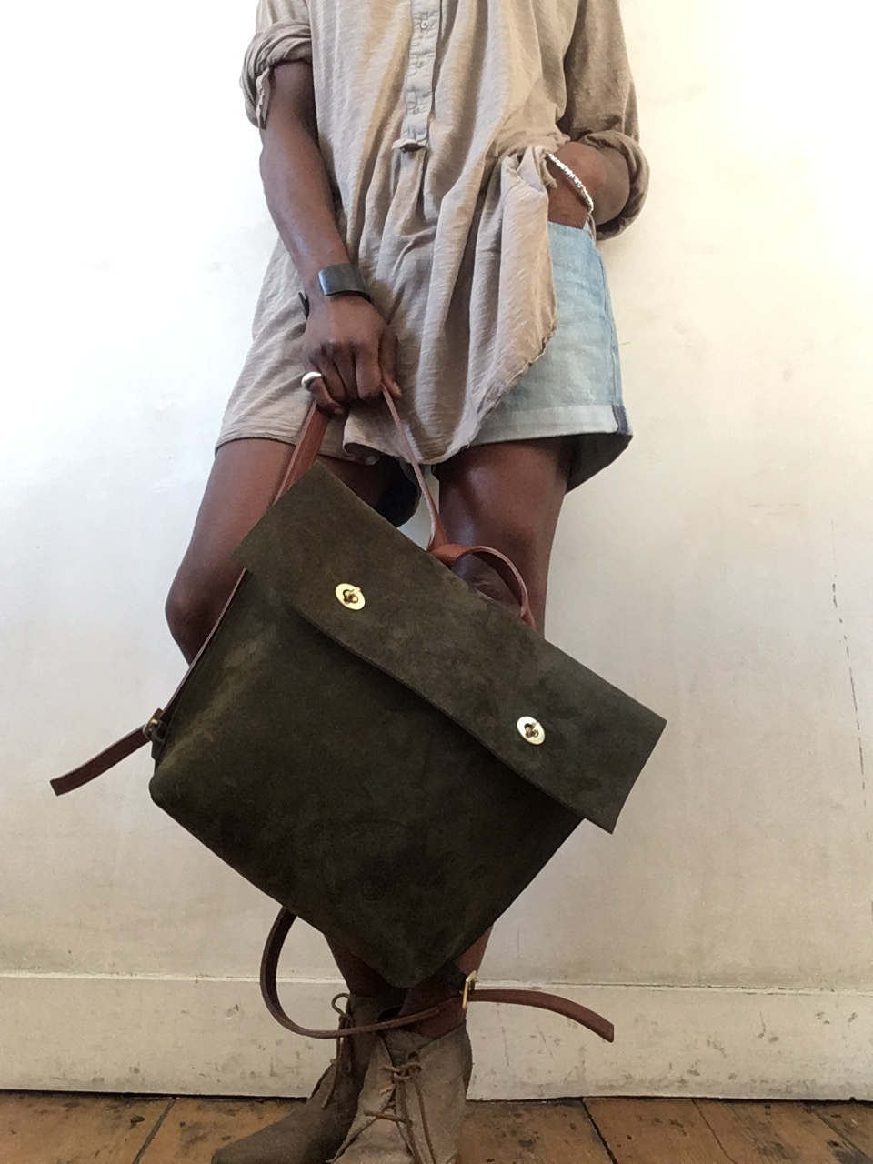 green suede backpack