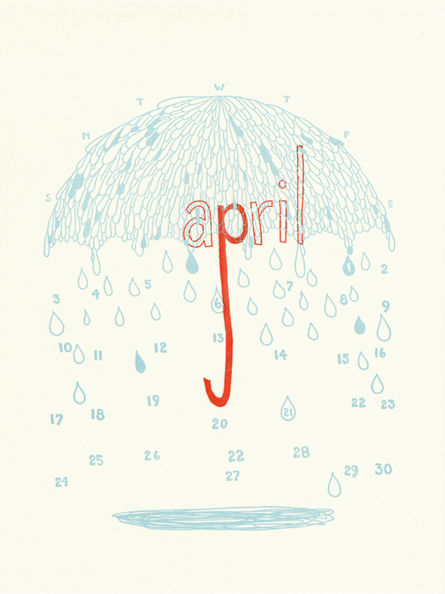 real oregonians don't use umbrellas. (really, we don't.) I did this 2-color illustration for the 2011 w+k studio goodness letterpress calendar.