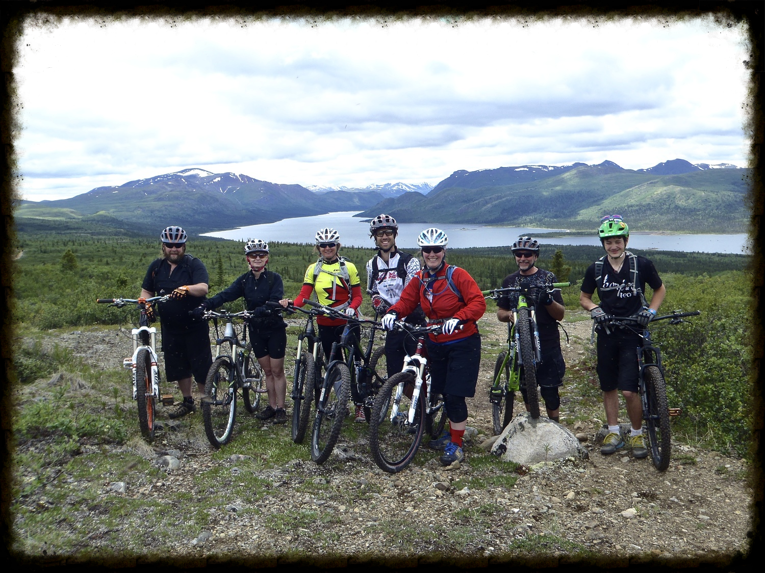 Getting ready to ride Starbuck's Revenge in Whitehorse, Yukon. Lora is second from the left.