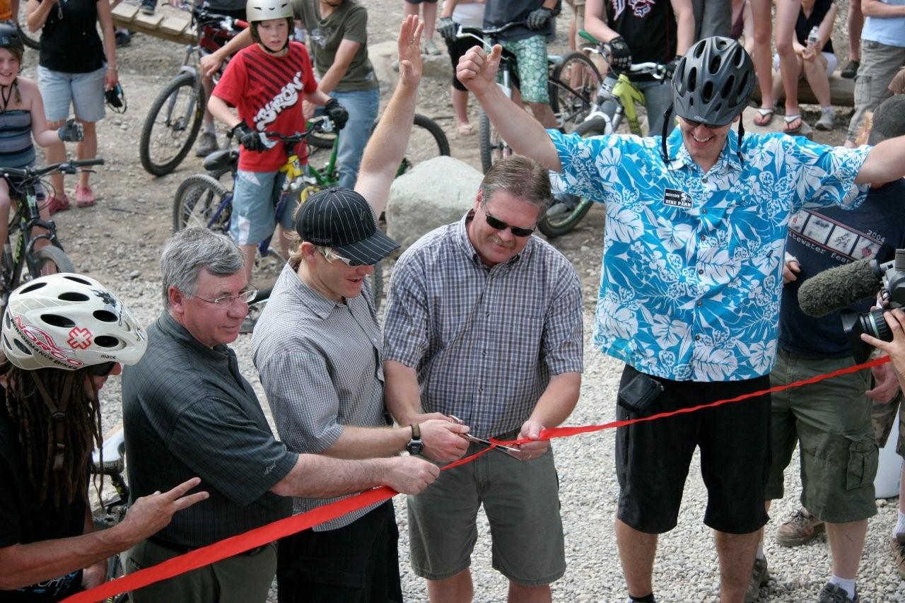 Grand Opening of the Hinton Bike Park, 2008. From left to right: Jay Hoots (Hoots Inc.), Robin Campbell (West Yellowhead MLA), Stephen Hanus (HMBA), Glenn Taylor (Hinton Mayor), and Jay Hore (HMBA)