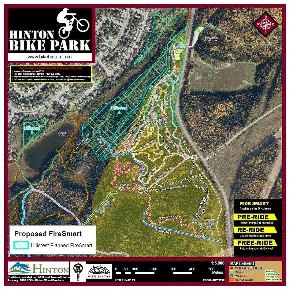 ⚠️ FireSmart Work in the Bike Park Area ⚠️ 

This week, HMBA Executives met with Hinton Fire Chief regarding upcoming FireSmart work within the Hillcrest planning zone, which overlaps part of the bike park. The plan to begin work is February 23, star
