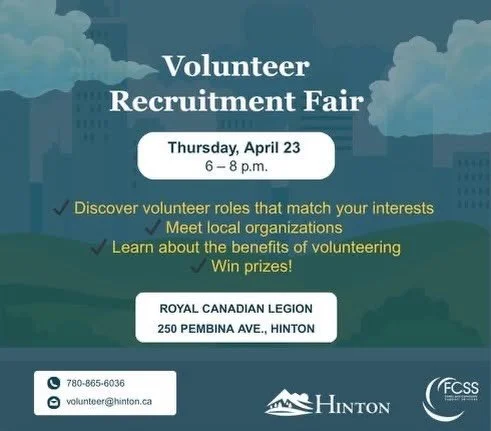 Repost from the Town of Hinton @hinton.ca 
.
HMBA will be there!
.
🌟 This Thursday &mdash; don&rsquo;t miss out! 
Join us at the Volunteer Fair and discover meaningful ways to get involved. 🙌💛

📅 Thursday, April 23, 6-8 p.m.
📍 Royal Canadian Leg