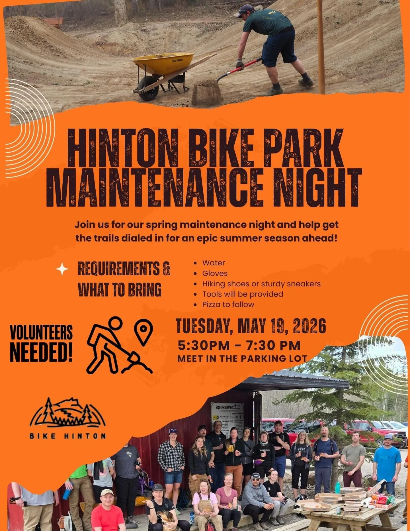 🚨 Spring Trail Maintenance Night 🚨

Join us at the Hinton Bike Park on May 19, 2026 from 5:30&ndash;7:30pm to help get the trails dialled in for the 2026 riding season!

We&rsquo;re calling on all riders and supporters to lend a hand ~ many hands m