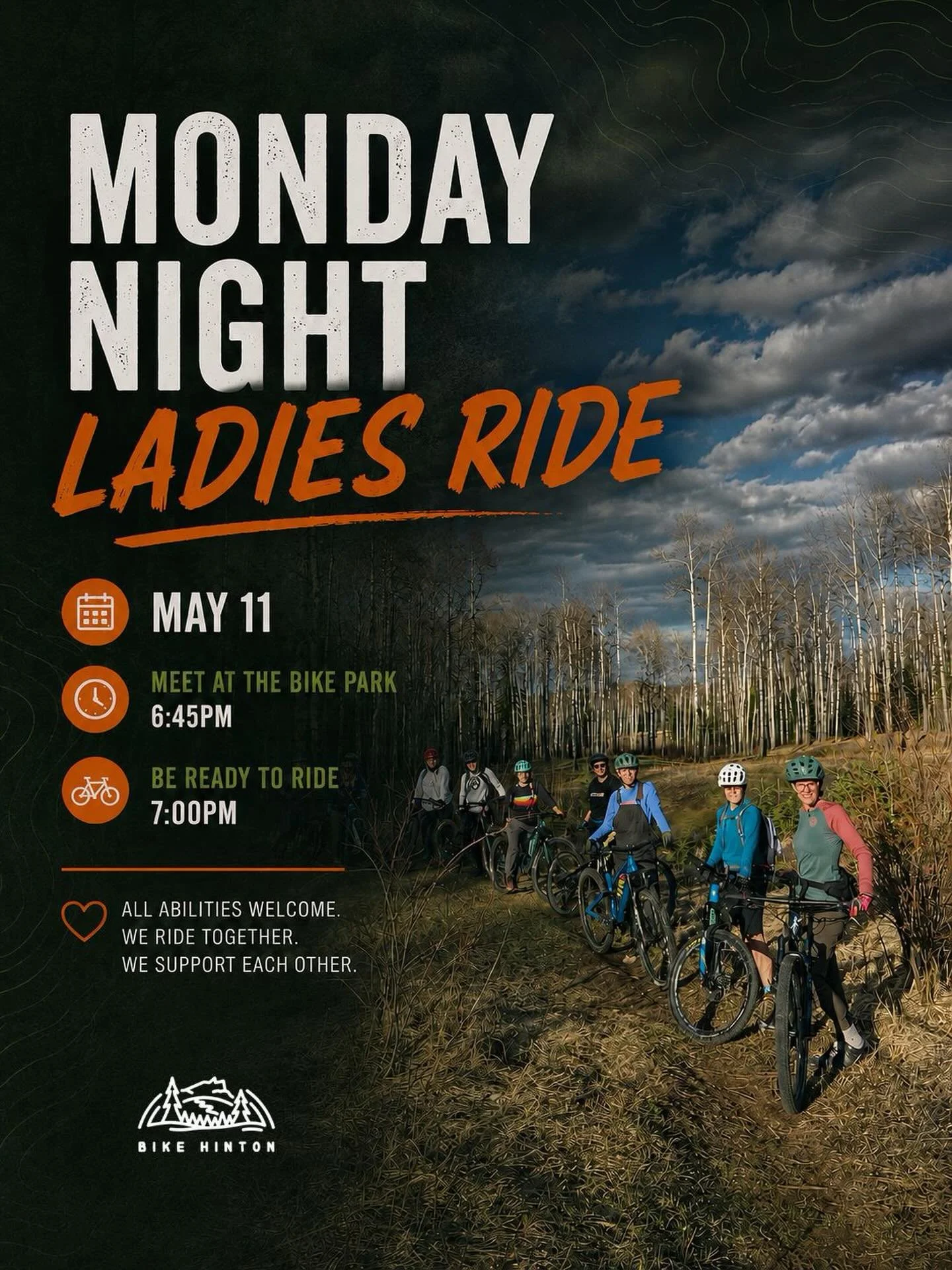 🚴&zwj;♀️ Monday Night Ladies Ride 🚴&zwj;♀️

Join us Monday, May 11 for another awesome evening on the trails! Meet at the Bike Park at 6:45pm and be ready to ride at 7:00pm sharp.

All levels welcome, whether you&rsquo;re brand new to mountain biki