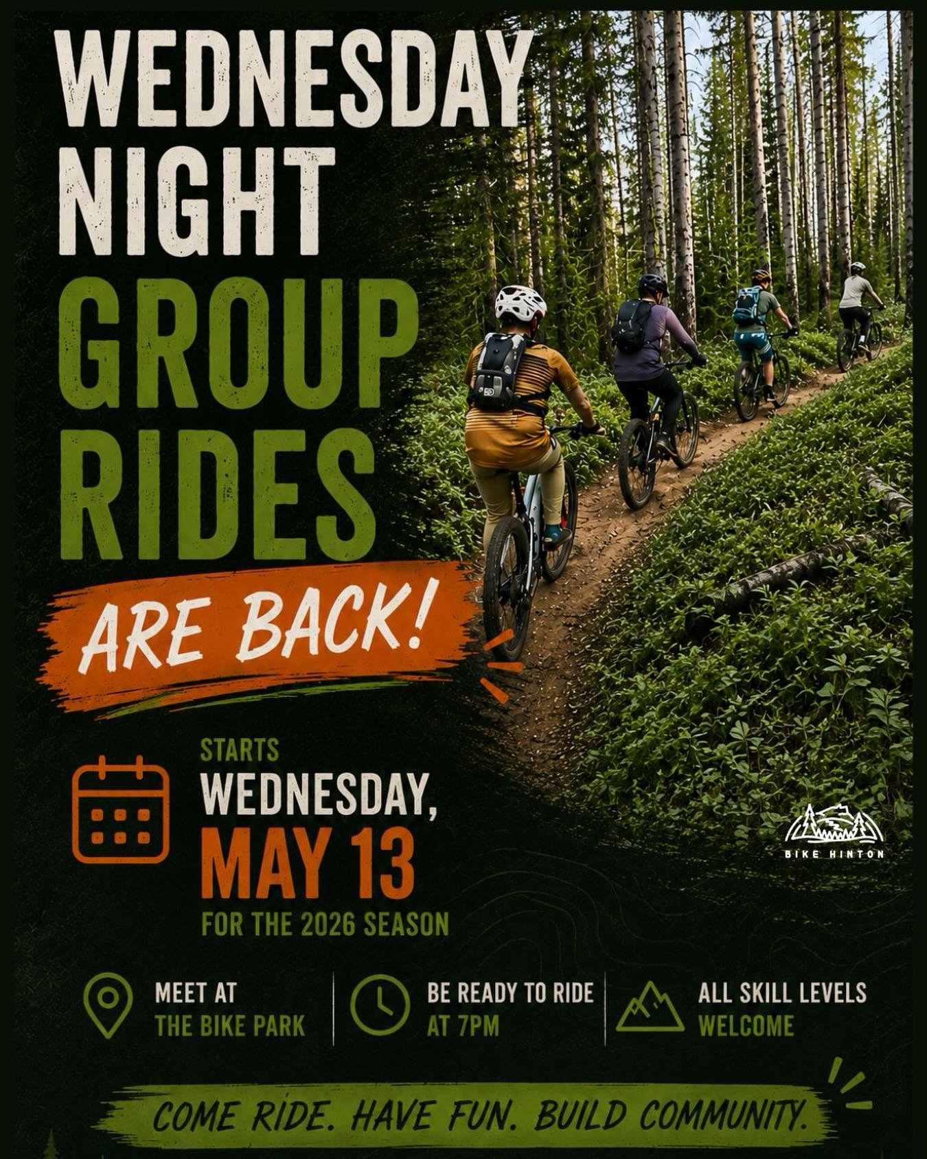 🚵 Wednesday Night Group Rides are back! 🚵

The first Wednesday night group ride of the 2026 season kicks off this week on May 13!

📍 Meet at the Bike Park
🕖 Be ready to ride at 7:00 PM

Everyone and all skill levels are welcome! Whether you&rsquo