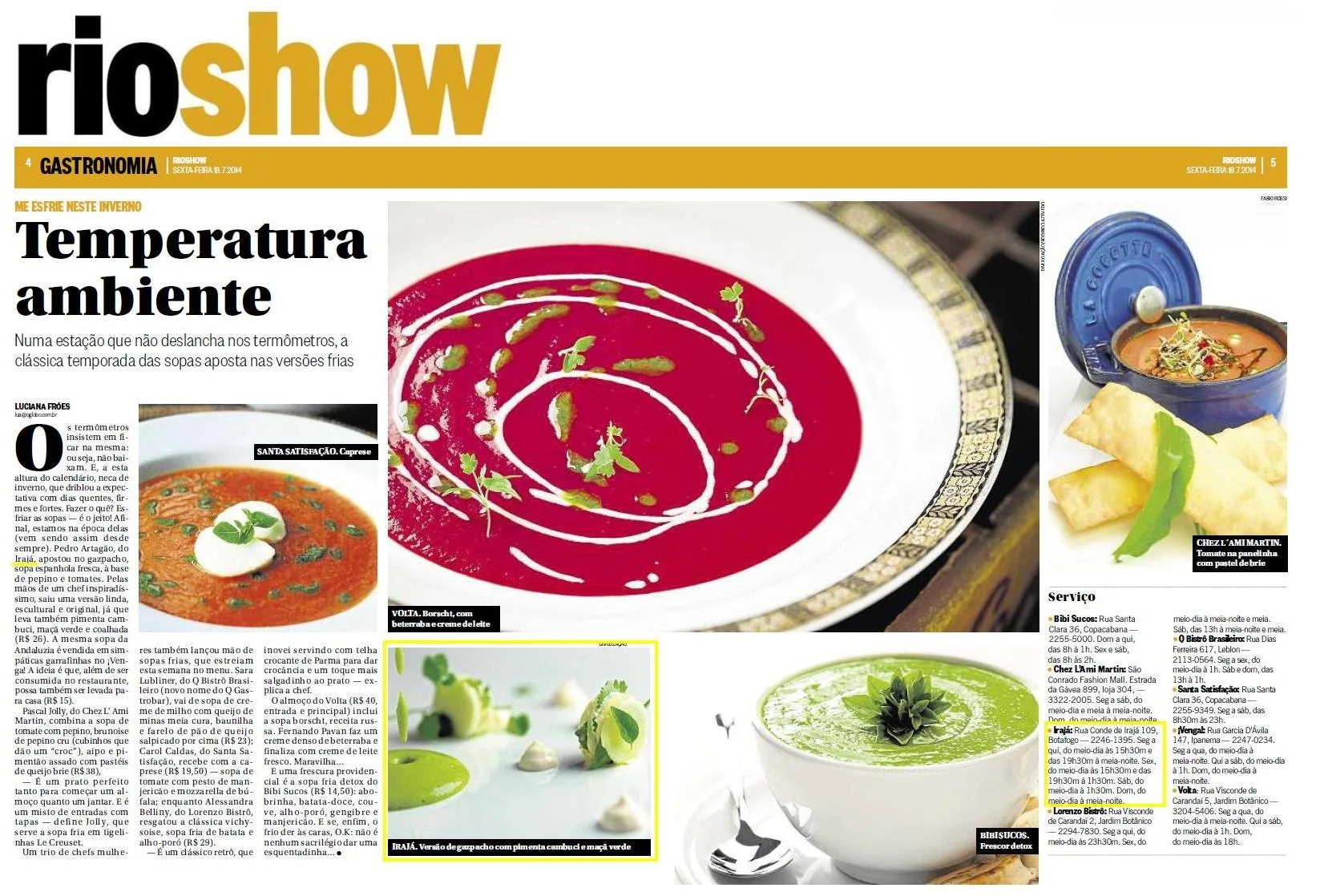 IRAJÁ GASTRÔ NO JORNAL O GLOBO - RIO SHOW