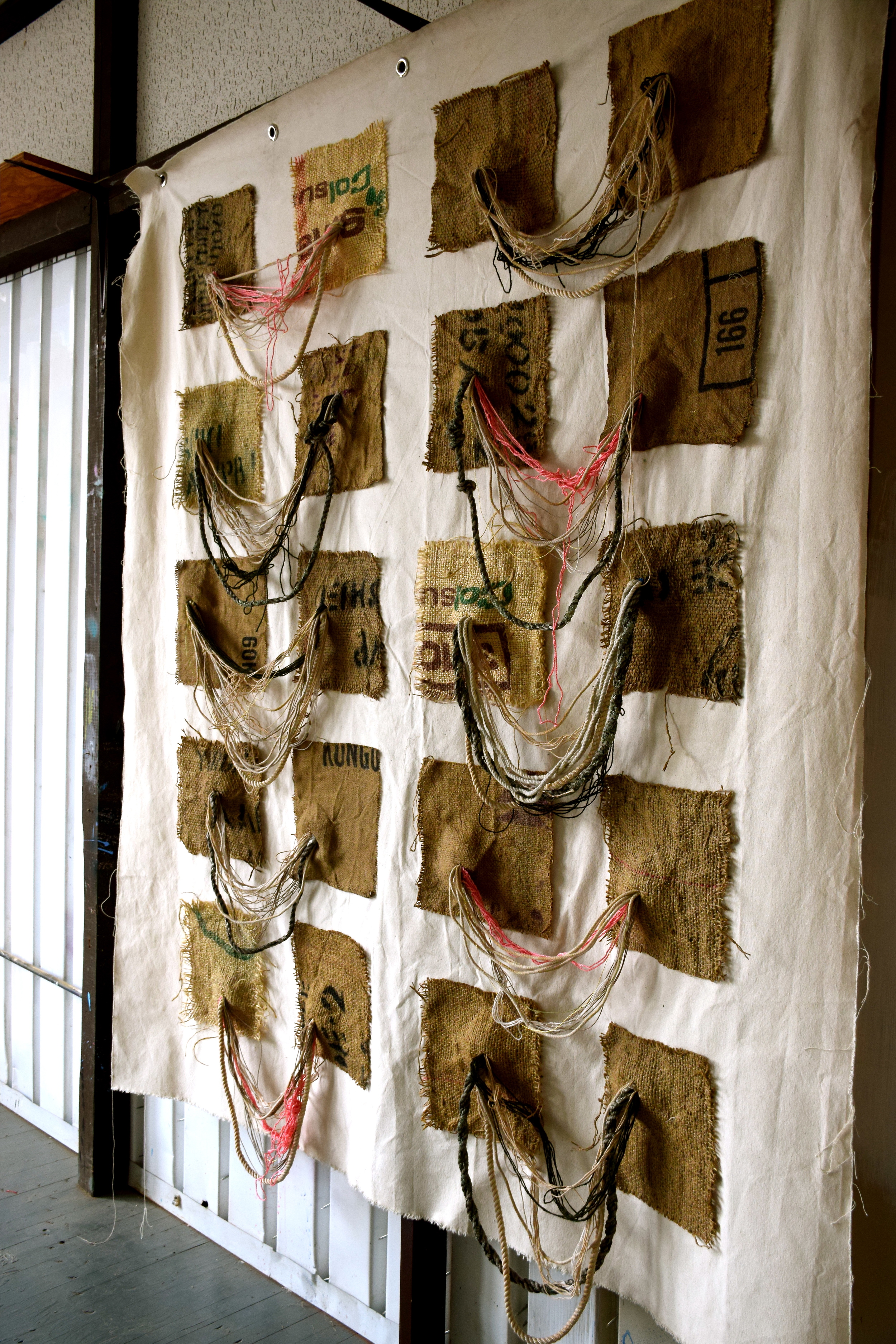 "Breast Ties", string, yarn, wire, burlap, canvas, 2014