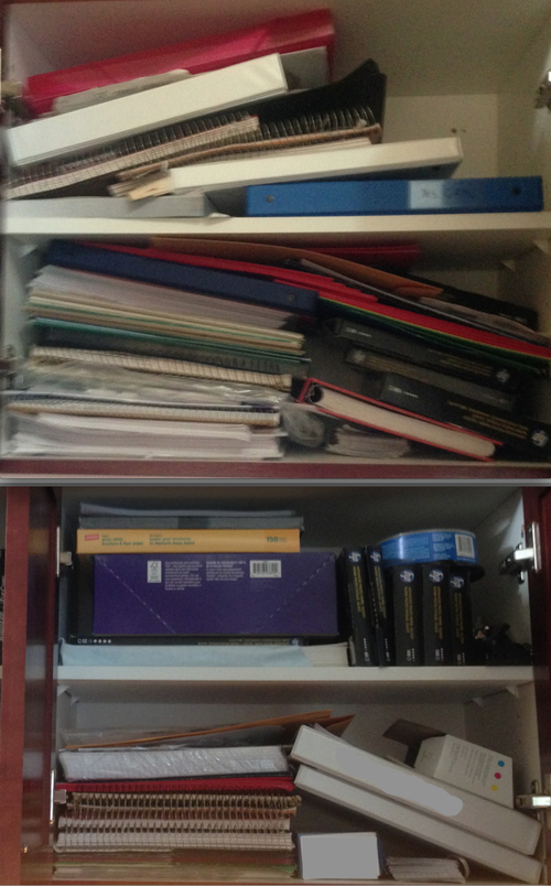 Before and after office cabinet. Most old binders gone and now all paper products fit in one space. I'll probably tackle it again in the not-too-distant future, but it's so much better already.