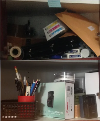 Before and after: Another office cabinet went from junky and disorganized to storage space for regularly-used items. No more hunting for pencils, cameras and computer peripherals.