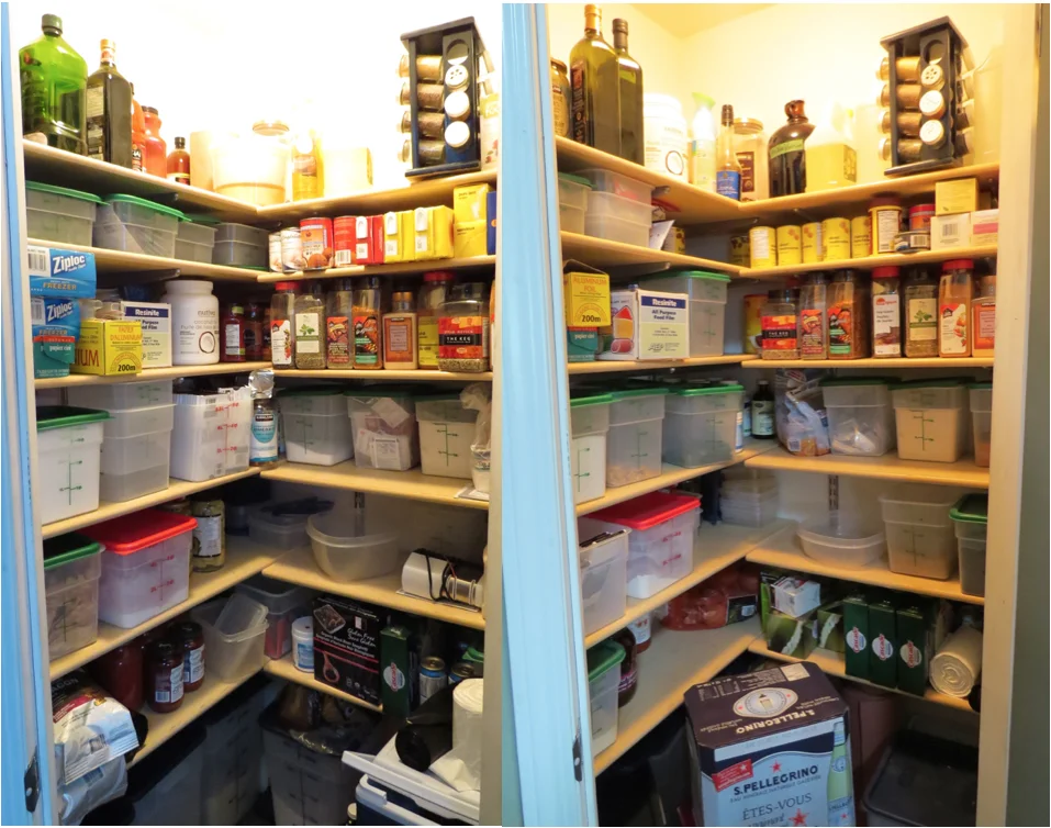 Here's the latest on the pantry. we've used up more canned goods, pasta, coffee, and spices and stocked up on tissues, dishwasher soap and carbonated water. More empty storage containers and shelf space, so we're moving in the right direction.