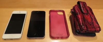 Here's are the old and new phone (Can you tell the difference, other than the colour?), the shock-absorbing case and my case/wallet combo.