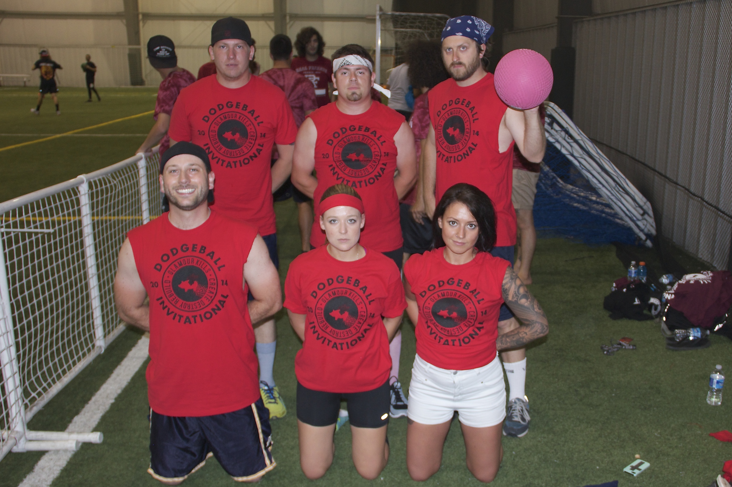 The official 2014 I Fight Dragons Dodgeball team. (rom top to bottom, left to right: Chad (drums), Tony (TM), Packy (guitar), Brian (vocals), me, Ashlee(Chad's GF))