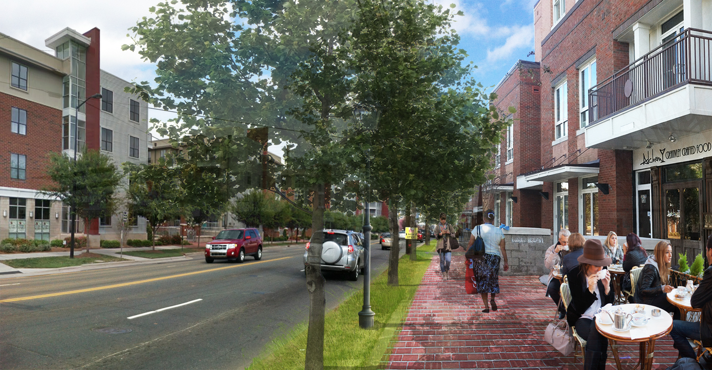 After: Walkable mixed-use development closer to the street transforms South Blvd into a more desirable place