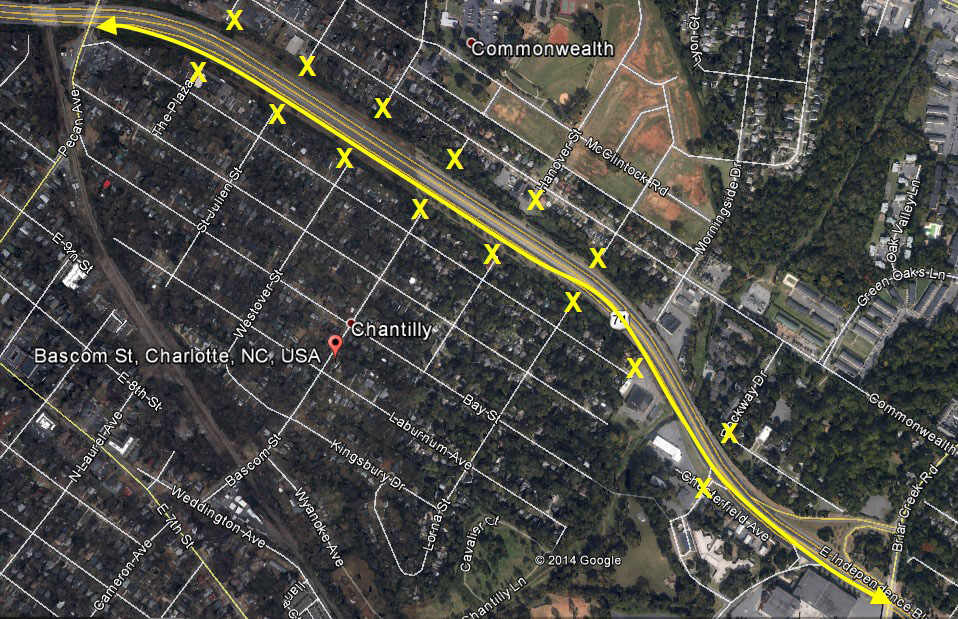 Before: no street connectivity across the Independence Blvd between Pecan Ave and Briar Creek Rd (distance of 1.3 miles).