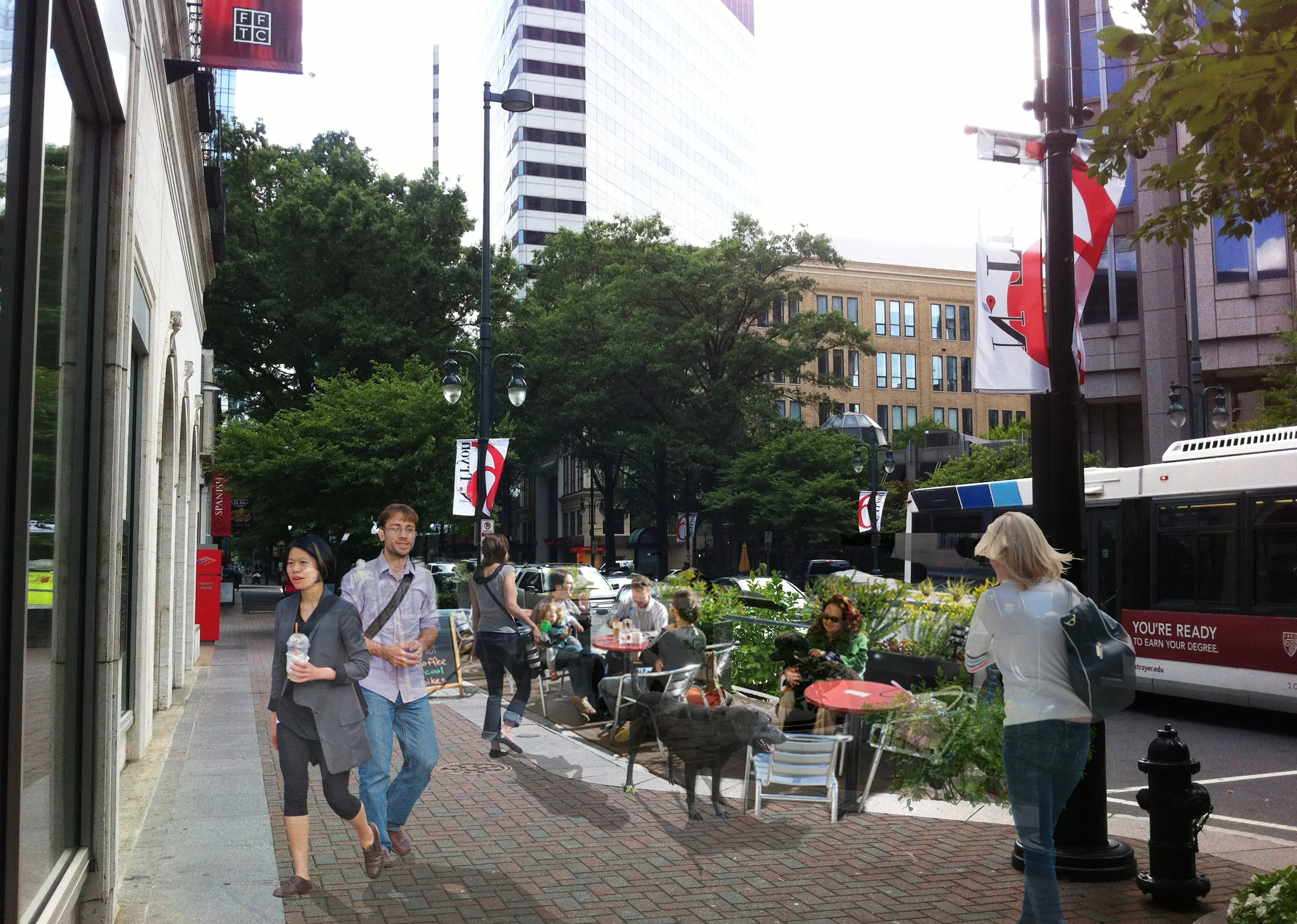 After: Parklet Option A. This parklet with cafe seating and a landscaping wall makes N Tryon Street a more inviting place for pedestrian. 
