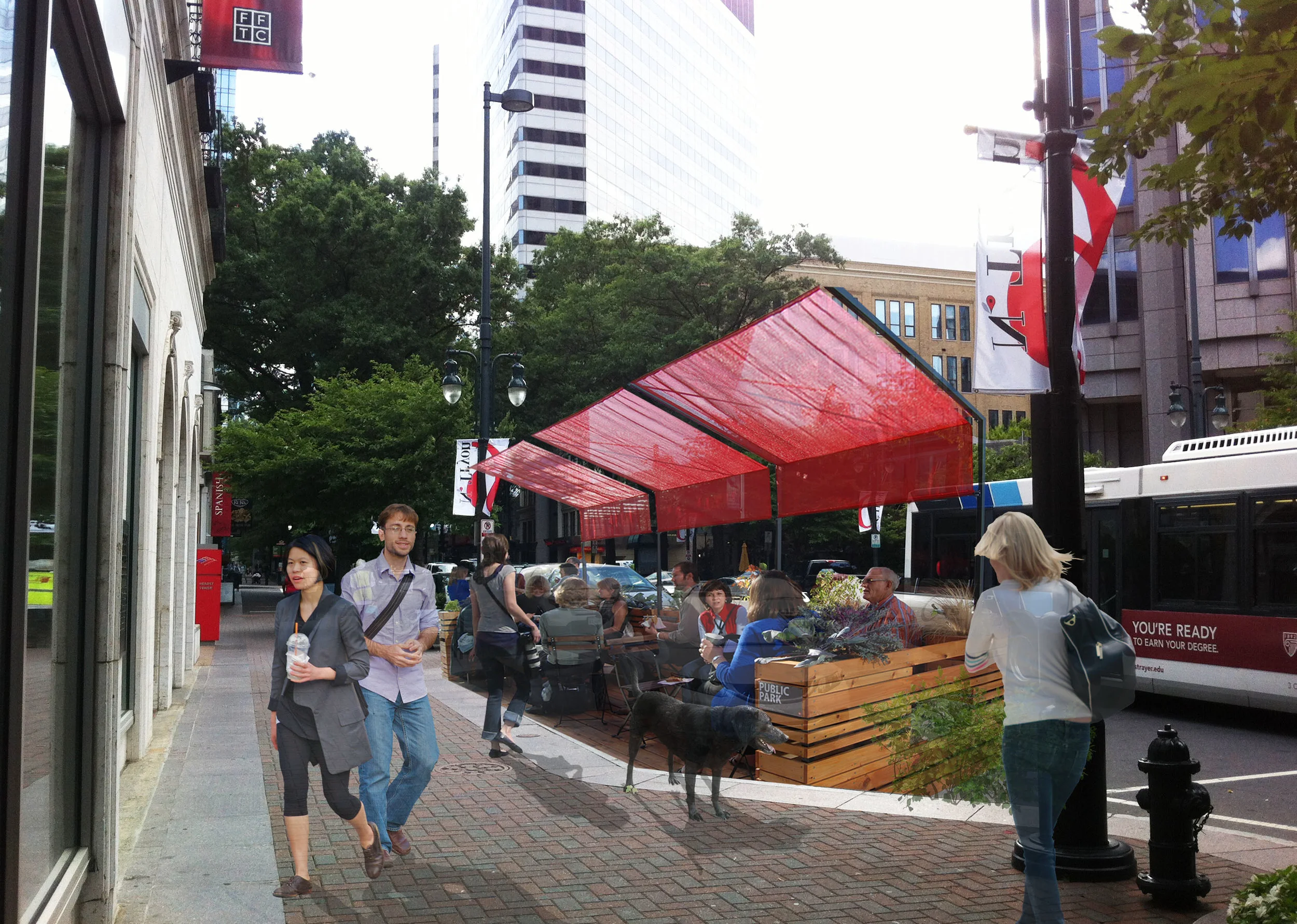 After: Parklet Option B. This parklet includes an attractive canopy shelter, a low wall and a variety of seating options. 
