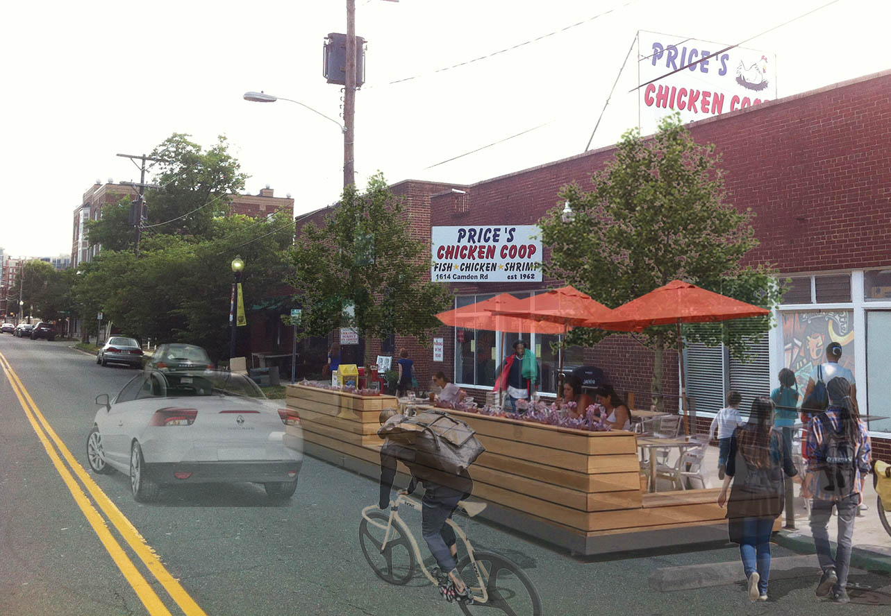 After: Price's Chicken Coop's new parklet provides a much-needed seating for patrons and helps make the Camden Road an inviting place for pedestrians and cyclists. 