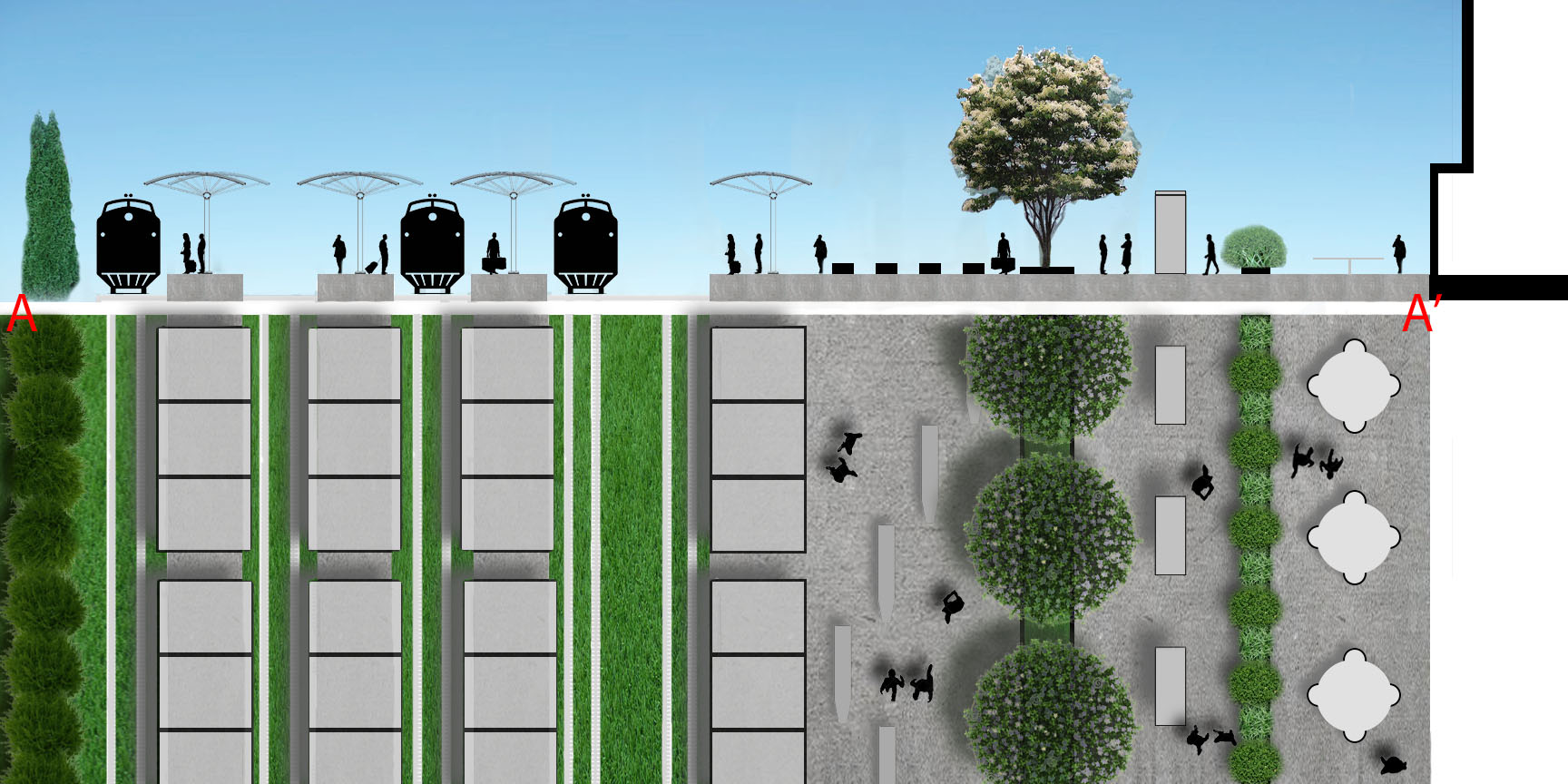 Proposed Platform: The Michigan Central Station not only serves as a hub for transportation but a means for thermal comfort. The Michigan Central Station uses strategies to reduce urban heat as it relates to people's outdoor thermal comfort and the quality of comfort when people move place to place. These strategies include direct transportation, cool structures, and enhanced vegetation. Solar panel shelters are implemented, providing a sense of comfort that serves a multi-purpose of shade and providing a power source for people. In addition, the rail tracks are now a greenway which adds empathize of reducing urban heat and the area is well shaded as you walk through the platform to your destination. 