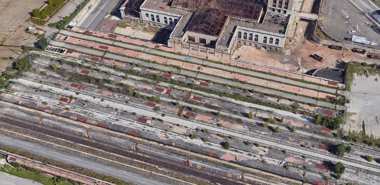 Existing Platform : Michigan Central Station is known for its cultural landmark of being once a temple for transportation serving the automobile industry, military troops, and railroad employees. This station pretty much served everyone in Detroit as well as outer cities. As shown the platform has a lot of hardscape surfaces with cracks and no shading nor remains of seating. 