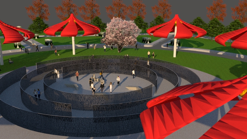 Proposed Park part 1: The design is a response to all the hardscape surfaces that were abandoned. Improvements start in the vegetation and morph into a place that people stay to enjoy. The inflatable blossom flower sculpture provides shade in a creative way as you sit underneath. In the center of the park, there's a lighting sculpture that makes itself visible and reveals written historical moments embedded in steel material. 