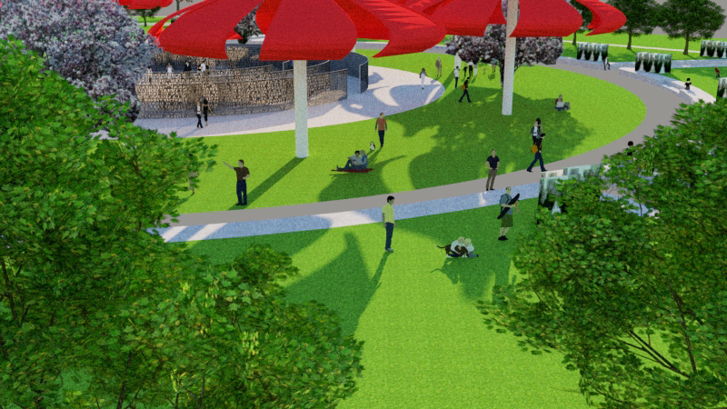 Proposed Park part 2 : The proposed design still functions as a park with plenty of open space surrounding the station for recreation and relaxation. The walks remain in the same orientation with additions sidewalks and enhance green space with raised pre-cast concrete beds for activities.