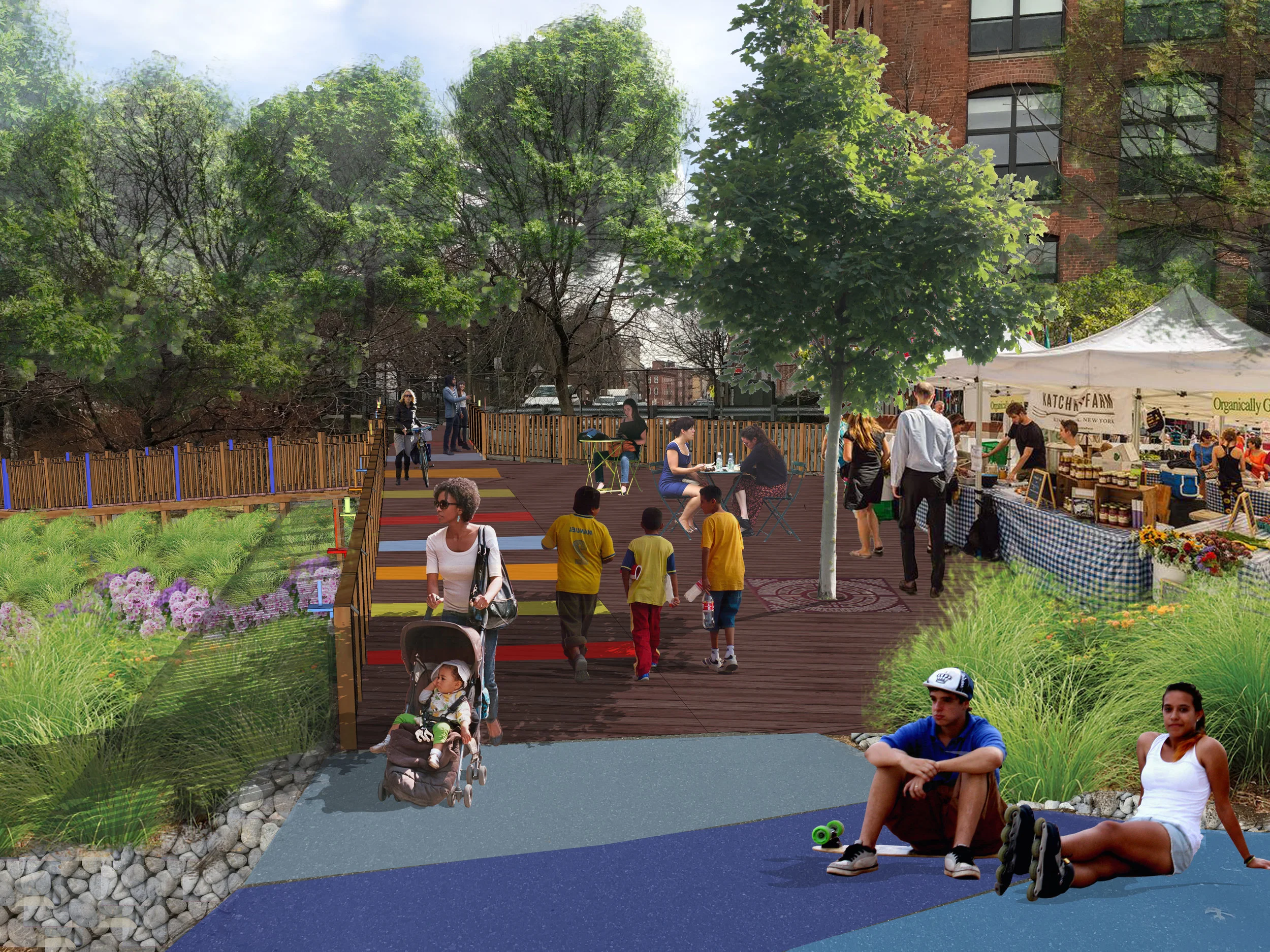 After: A market scene can be possible with the extended boardwalk in the longer term vision. Here, custom rain gauges can be seen built into the railing. Colorful grates mark the boardwalk so visitors can look down to see the plants below.