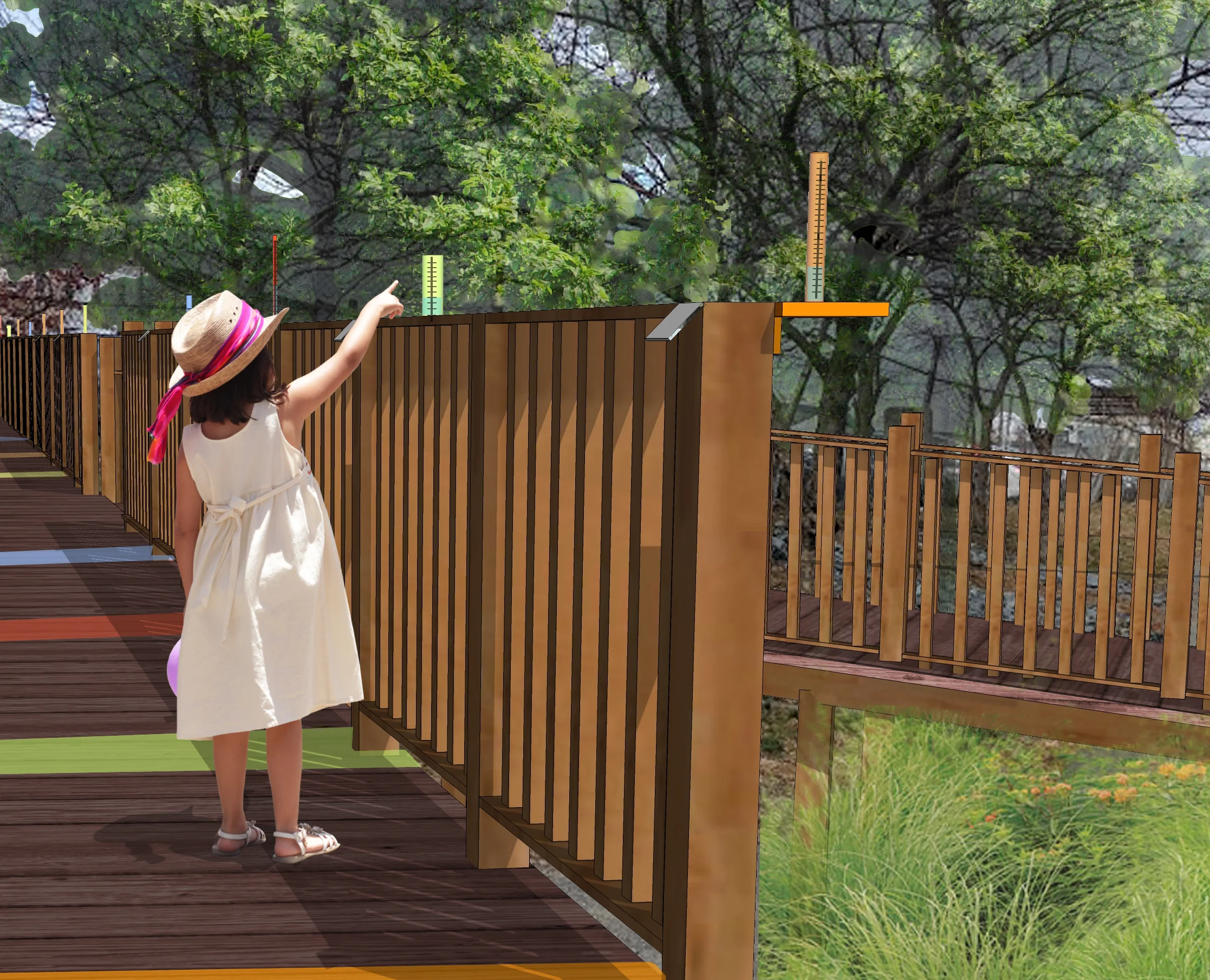 Vignette: Custom sized rain gauges made for Boston’s 2, 5, 10, 25, 50, 100 year storm events can be built into the railing. This place can become a new destination after a storm to see how everything filled up!
