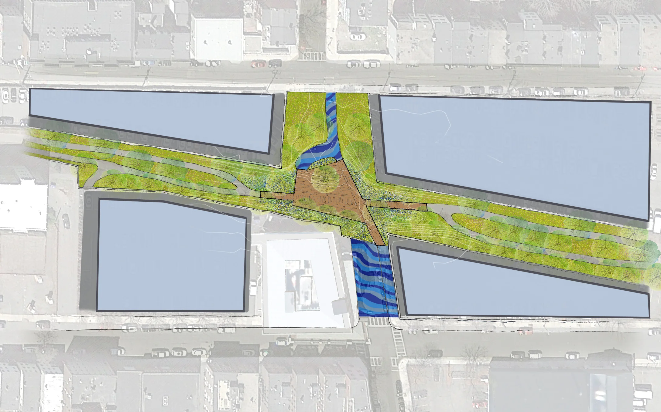 The Long Term Adaptable Plan expands the bridge into a platform for markets, concerts, outdoor classroom space and flexible gathering space. This plan anticipates new buildings on the existing parking lots (shown in blue/grey).
