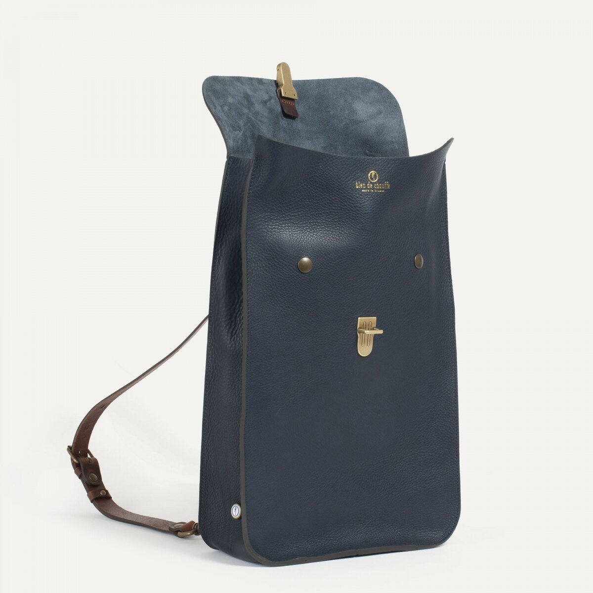 blue leather backpack