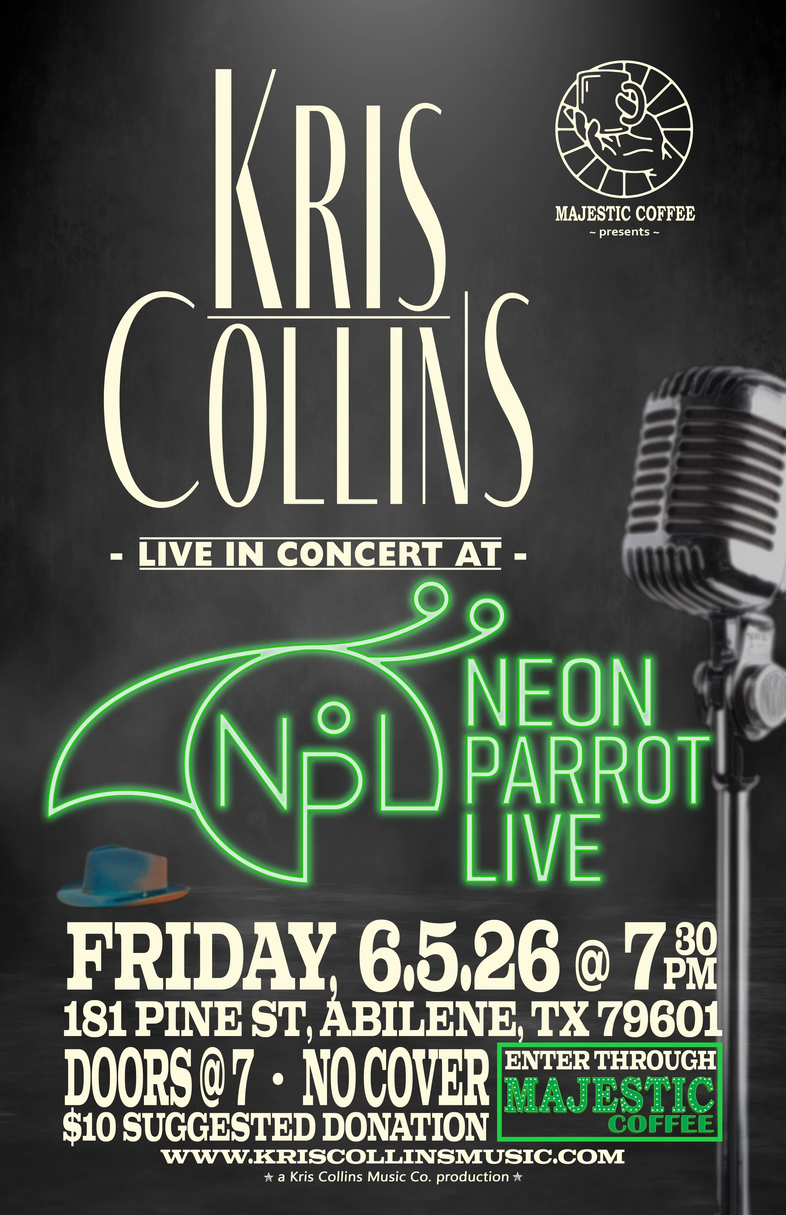 show poster for Kris Collins performance at the Neon Parrot on 6-5-26