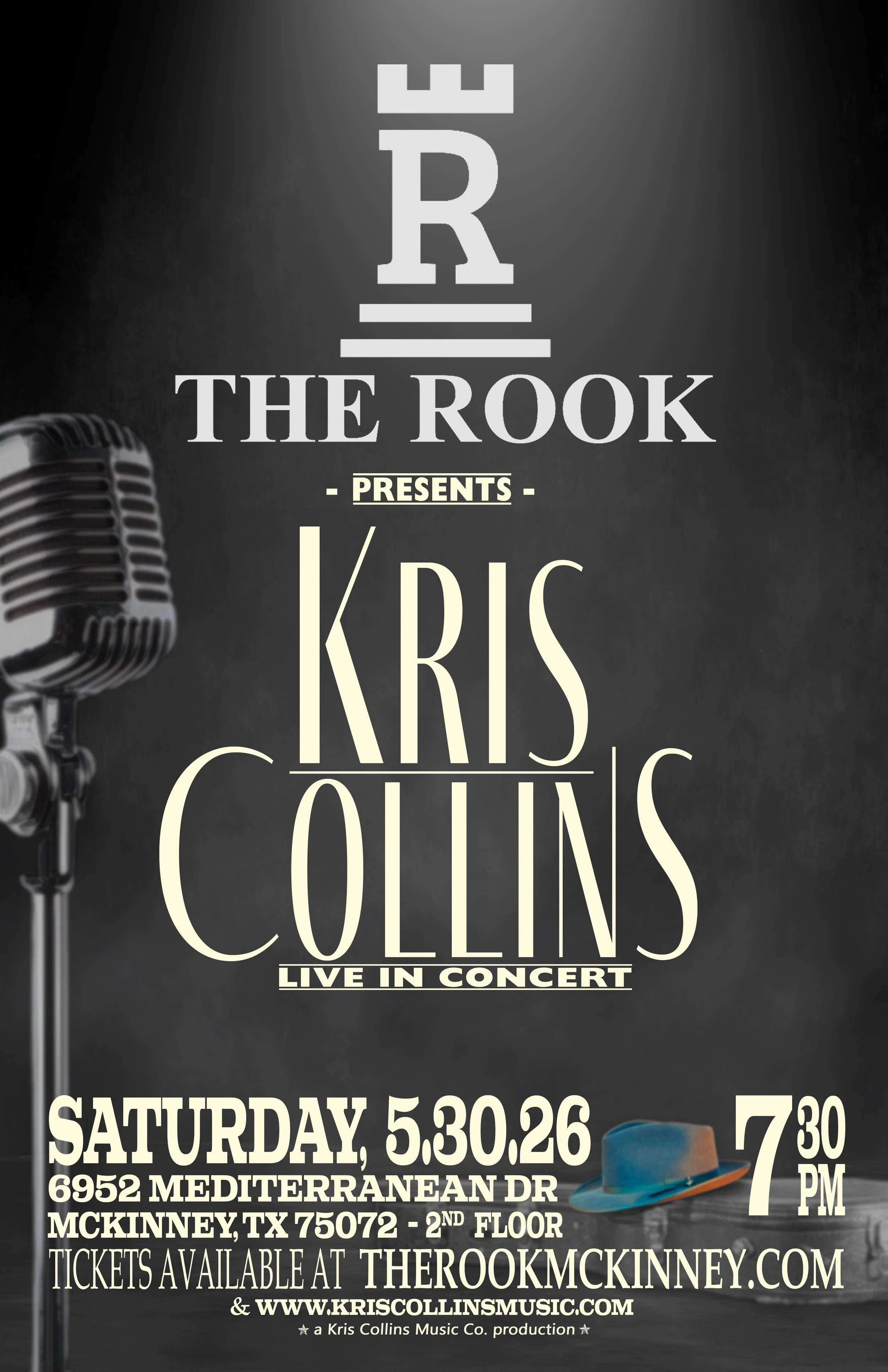 Show poster for a Kris Collins performance the Rook in McKinney, TX